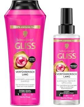 Gliss Shampoo Verführerisch Lang (250 ml), Haarshampoo mit Biotin-Komplex & Pfingstrose, Pflegeshampoo & Gliss Express-Repair-Spülung Verführerisch Lang (200 ml), Haarspülung Pflegespülung Hitzeschutz