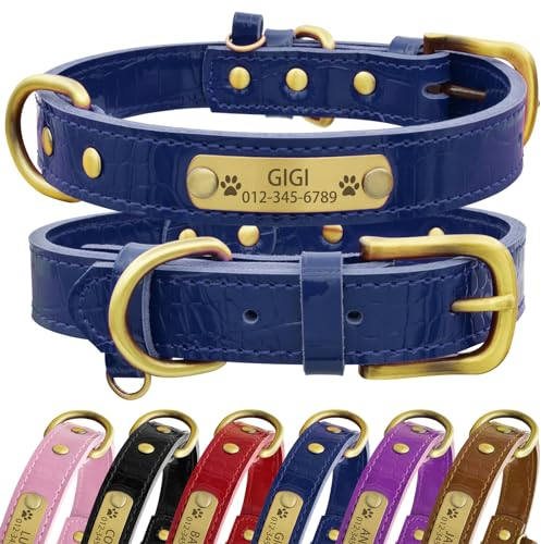 Senristar Personalisierte Hundehalsband aus Echtem Leder mit Eingraviertem Namensschild - Langlebiges und Stilvolles Hundehalsband für Kleine, Mittlere und Große Hunde (XS, Blau)