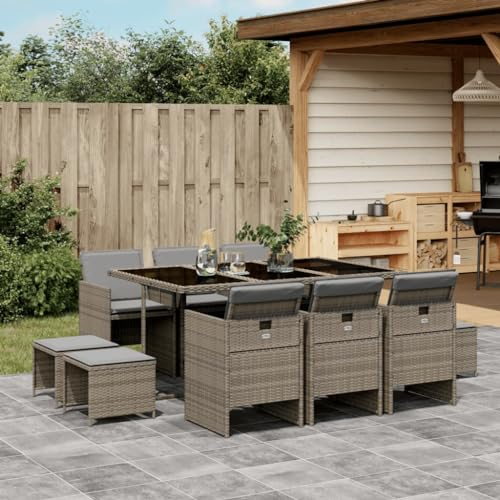 Keyroto 11-TLG. Gartenmöbel Set 10 Stühle mit Tisch Sitzgruppe Garten Essgruppe 10 Personen Garten Essgruppe Gartengarnitur Rattanmöbel Esstisch Sitzgarnitur Gartentisch mit Kissen Poly Rattan Grau