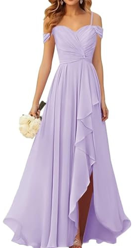 WSEYU Vestidos de dama de honor con hombros descubiertos y abertura, plisados, de gasa, vestidos largos formales para fiesta de noche, Lila, 36