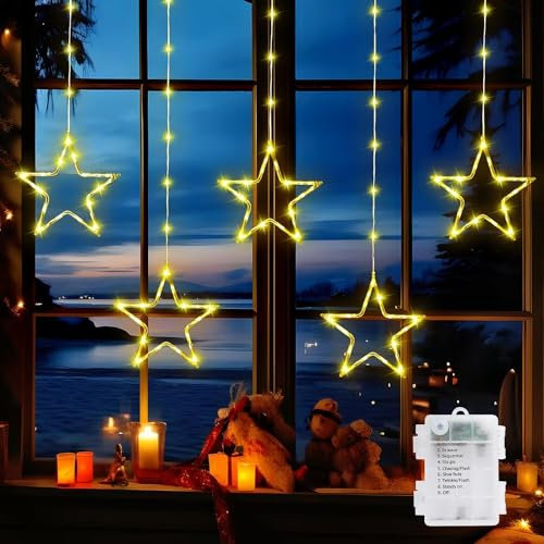 GlobaLink 5 Sterne Fensterdeko mit Batterie Timer Haken, 1.2M 96LED Weihnachtsdeko Warmweiß IP65 Weihnachtsbeleuchtung Außen Weihnachtslichterkette für Fenster Glas Wand Tür Zimmer Terrasse Balkon