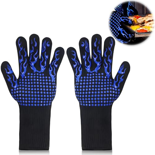 BBQ Grill Mitts, 1472°F Heat Resistant Gloves Fireproof Grilling,Grill Mitts for Outdoor Grill Kitchen Gloves for Cooking,Fire Gloves Heat Resistant Glove Cookout Essentials (Blue Fire)