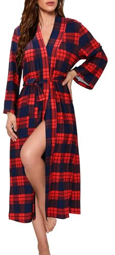 Evolyline Bademantel Damen Leicht Lang Morgenmantel Weihnachten Kariert V-Ausschnitt Nachthemd Langarm Spitze Kimono Bathrobe Women Sauna Hausmantel