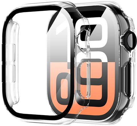 Diruite 2 Piezas Funda para Apple Watch Series 10 46mm Protector Pantalla Cristal Templado Incorporado HD Protección Completa PC Dura Estuche Case,Transparente,Series 10-46mm