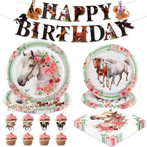 WenmthG Pferde Deko Geburtstag Partygeschirr - Pferde Servietten, Pappteller, Pferde Cake Topper - Kindergeburtstag Deko - Pferde Happy Birthday Banner Deko