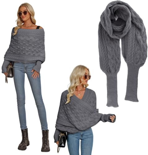 ISAKEN Strickschal mit Ärmeln, Damen Strickpullover Tops Wrap Schal Winter Warm Gestrickte Schal Warmer Elastischer Halswärmer Langärmeliger Schal für Spaziergänge Weihnachtsfeier