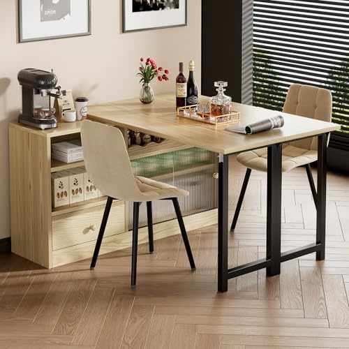 Generisch Ausziehbarer Klapp-Esstisch mit Stauraum, 360° drehbar, multifunktional als Raumteiler, Ausstellungstisch und Sideboard, Schwarz/Natur, MDF, Stahl, Regenbogen-Glas, 30kg Tragkraft