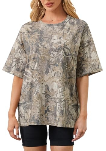 MSBESYOR Camo Shirt for Women Maple Leaf Print Short Sleeve Crewneck T-Shirts Summer Oversized Tee Shirts Streetwear