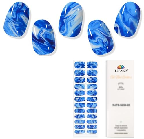 EBANKU Semi Cured Gel Nail Strips, 24PCS Gel Nail Stickers Long Lasting - Easy to Apply & Remove for Salon-Quality Pedicure | Marble Dark Blue