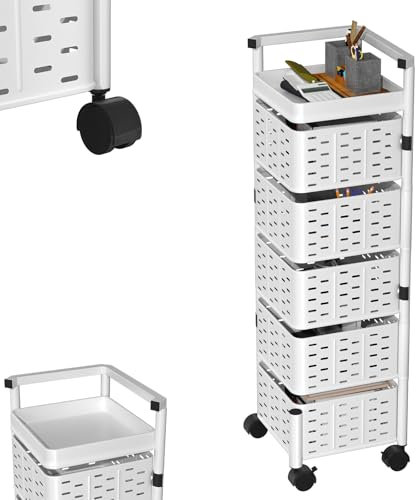 UISEBRT Drehbares Küchenregal mit 5 Ebenen, Rollwagen für Obst und Gemüse, Mehrlagiges Aufbewahrungsregal mit 360° Rotation, Mit 4 Rollen, Platzsparend (Quadratisch, Weiß)