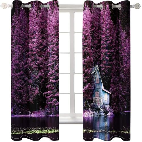 Homxi 2 Panels Lichtdichte Vorhänge Blackout,2 x 234W x 244H cm,Ösen Gardinen Baum und Seelandschaft Lila Schlafzimmer Vorhänge Modern
