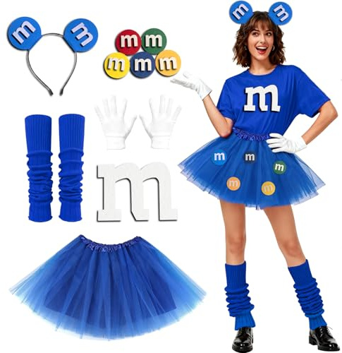 YANSYUN M Kostüm Damen, M Faschingskostüme Damen, M Tüllrock mit Handschuhe Stirnband Stulpe Ohrringe, Buchstabe M Süßigkeitenkostüm GruppenKostüm, M Outfits für Faschings (blue)