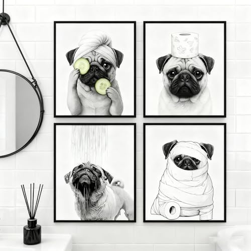 Xiyocadt 4er Lustiges Hundebild Witzige Klo Deko fürs Gäste WC,Mops Poster,Hund Klebt Sich Eine Gurke Auf Duscht Klebt Toilettenpapier.fur Wohnzimmer Schlafzimmer Badezimmer ohne Rahmen (20 * 30cm)