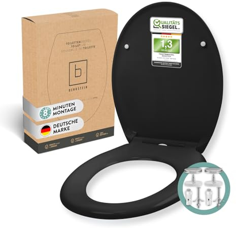 BENKSTEIN Asiento de inodoro premium antibacteriano ovalado negro - Tapa de inodoro de duraplástico con función de liberación rápida y cierre suave automático - Asiento de inodoro desmontable de acero