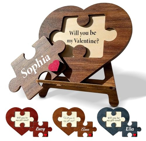 Personalized Valentine Puzzle Heart Sign –Custom Engraved Wooden Jigsaw with Names & Love Message, Romantic Will You Be My Valentine Proposal Gift for Her or Him
