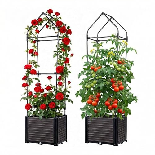 150cm Tomatentopf mit Rankgitter 2Stk, Selbstbewässerung Tomatenkübel mit Wasserspeicher, Groß Tomatentopf mit Rankhilfe für Balkon Tomaten, Kräuter & Blumen,Dreieckige Oberseite
