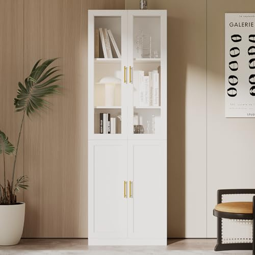 VOWNER 180cm Vitrinenschrank Weiß mit Glastüren, 5-Stöckiges Bücherregal aus MDF, Küchenschrank Hochschrank mit Verstellbaren Fachböden, Buffetschrank für Wohnzimmer & Esszimmer, 60x35x180 cm A (1PCS)