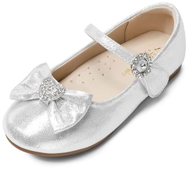 Dream Pairs Mary Jane Ballet Flats Girl ANGEL-22 | Rhinestone Heart Bow, Easy Hook-Loop Small Hands, Cushioned Heel Comfort