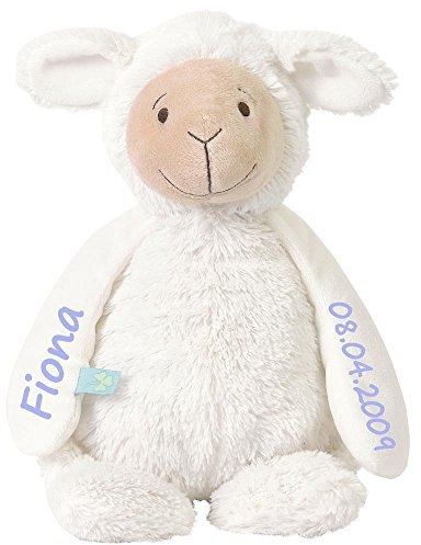 Elefantasie Stofftier Schaf mit Namen und Geburtsdatum personalisiert Geschenk 28cm weiß Aufdruck hellblau