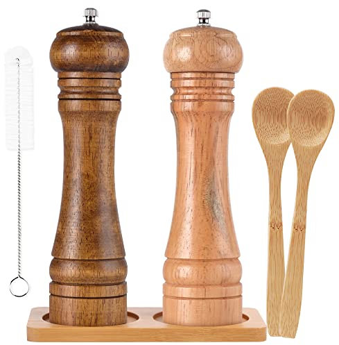 SZUAH Molinillos de sal y pimienta, de madera de roble, salero y pimentero, con cepillo de limpieza y soporte de madera, rotor de cerámica con fuerte grosor ajustable [juego de 2]