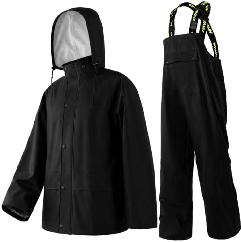 Men’s Workwear 3-Piece Waterproof PU Rain Suit Set | Hooded Jacket & Bib Trousers Set, Taped Seams, Storm Flap, Adjustable Braces, Flap Pockets, Outdoor Work, Fishing, Farming
