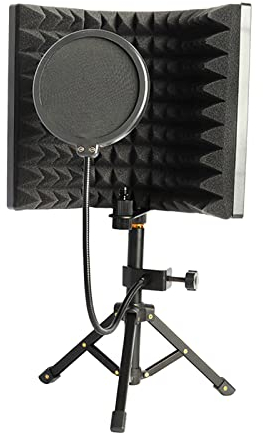 Amagogo Mikrofon Isolation Schallschutz Aufnahme Mikrofon Isolationsschild mit Stativständer Pop Filter Popschutz Mic Schalldämpfender Schaumstoffreflektor Einstellbar für Die Übertragung von Podcast