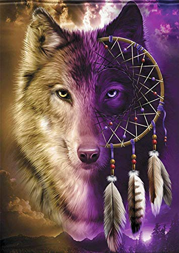 Awesocrafts Kreuzstich-Set, Motiv: Wolf und Traumfänger, einfaches Muster, Kreuzstich, Stickerei, Handarbeits-Set (Wolf)