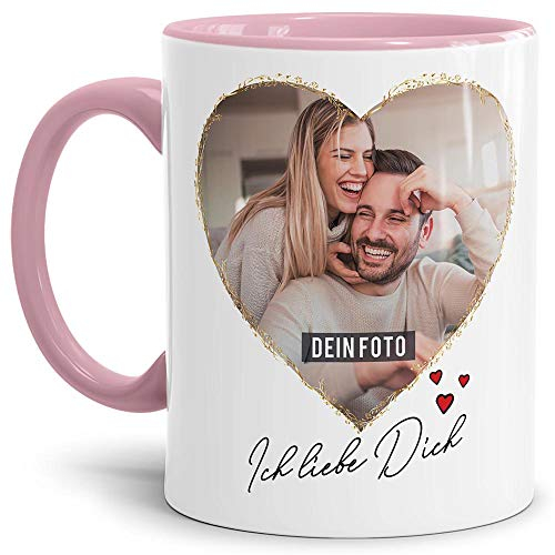 Tasse mit Spruch - Ich Liebe Dich - zum Selbst gestalten mit Zwei Fotos in Herzform - Geschenkidee für den Partner, Innen & Henkel Rosa, 300 ml