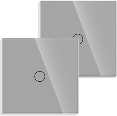 JIMEIDA 2 Pack Touch Lichtschalter in Grau, Einbauschalter mit Glas Panel und Status-LED, Kein Neutralleiter Erforderlich, 1-Fach 1-Poliger Wandschalter, AC 240 V, 500 W/Fach