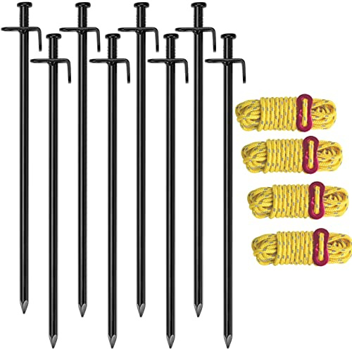 Aoipend 12 inch Heavy Duty Tent Pegs with 4 Ropes 13ft Reflective Guy Lines Kit 8 Pack Metal Ground Anchors for Outdoor Camping Stakes Tarp Canopy Gardening