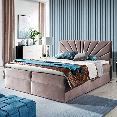 Boxspringbett Doppelbett TEO - Bett mit Bonellmatratze, mit Bettkasten für Bettwäsche und Topper. Gepolsterte Kopfstütze in 3 verschiedenen Varianten (Altrosa, 180x200 TEO 2)