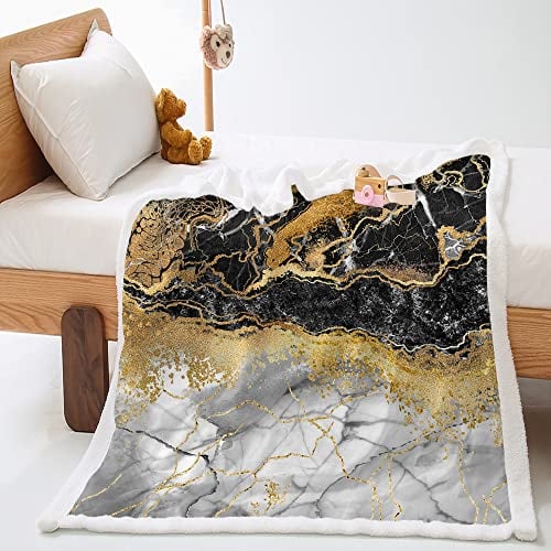 Highdi Marmor Wohndecke Flauschige Kuscheldecke Zweiseitige Warm Fleece Decke, Weiche Fleecedecke als Sofaüberwurf, Tagesdecke oder Wohnzimmerdecke (130x150cm,Golden schwarz)