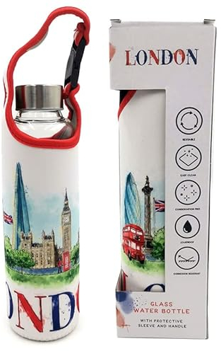 Puckator BOT193 London Icons Wiederverwendbare Glas-Wasserflasche mit Neopren-Schutzhülle mit Riemen