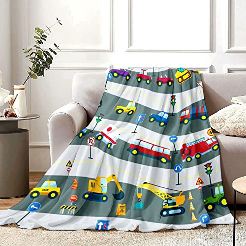 Transportation Car Throw Blanket for Kids, 130 x 150 cm Cozy Cartoon Construction Fire Truck Fluffy Plush Blanket for Boys Gift, Soft Cars Flannel Throw Blanket for Children Teen Sofa Bed Couch Decor