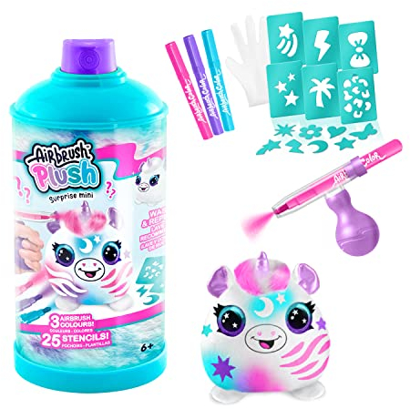 Rocco Giocattoli - Airbrush Plush Surprise: 6 Sammelfiguren zum Färben und Sammeln - Einhorn, Husky, Vogel, Affe, Robbe, Kugelfisch
