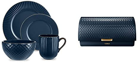 Tower T867002MNB Empire 16 Piece Dinnerware Set, Stoneware, Midnight Blue and Brass & T826090MNB Empire Roll Top Bread Bin, Stainless Steel, Midnight Blue and Brass