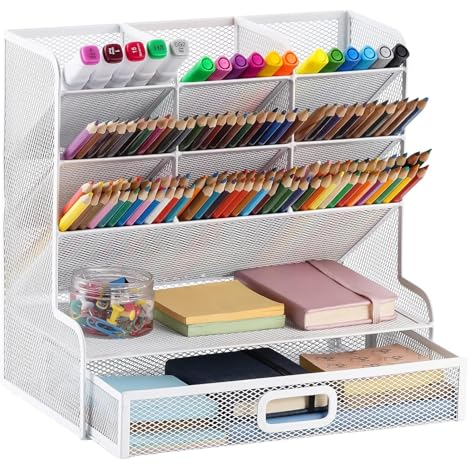 Marbrasse Netz-Schreibtisch-Organizer,Multifunktionaler Stiftehalter,Organizer Schreibtisch,Aufbewahrungs Regal für Schul und Heim Büro Bedarf (Weiß mit Schublade)