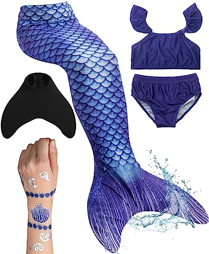 Meerjungfrauenflosse für Mädchen, Kinder, Jugendliche Schwimmfosse mit Bikini und Tattoos | blau schwarz