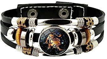 JEDTAKCT 12 Sternzeichen-Armbänder – Mehrschichtige Geflochtene Lederarmbänder Für Männer Und Frauen, 12 Sternzeichen-Sternbild-Charm-Armband, Stier, Löwe, Jungfrau, Krebs, Schmuck – Verstellbar, Löw