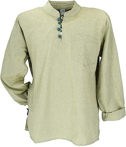 GURU SHOP Nepal Ethno Yogahemd mit Kokosknöpfen, Kurta-Hemd, Freizeithemd mit Stehkragen - Hellgrün, Herren, Baumwolle, Size:XXL