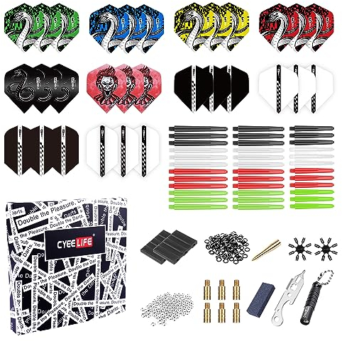 CyeeLife 180pcs Dart Zubehör Set,Professionelles Dartzubehör mit Flights, Schäfte, Point Guard,Rubber/Spring O Rings,Shaft Lock System,Flight Protectors,Gegengewicht,Schärfer,Dart Extractor Tool ect