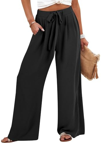 Caracilia Women Wide Leg Palazzo Pants Summer High Waist Flowy Casual Trousers Loose Lounge Beach Travel Vacation Clothes Black Large