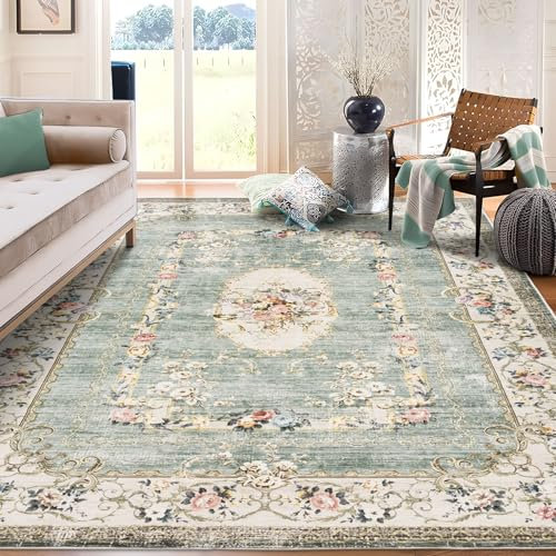Taleta Greenish Washable Rugs Living Room Large Green Non Slip Vintage Boho Floral Rug Soft Short Pile Oriental Area Carpet for Kitchen Bedroom (Green, 160 x 230 cm)
