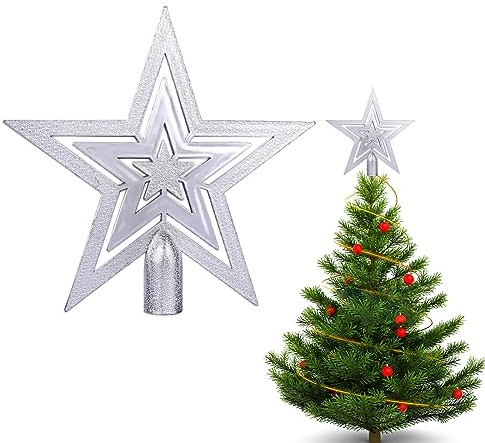 Christbaumspitze Stern Verzierung, Weihnachtsbaumspitze Glitzer-Stern,Christbaumspitze für Jede Baumspitze - Weihnachtsstern bruchsicher (Silber)