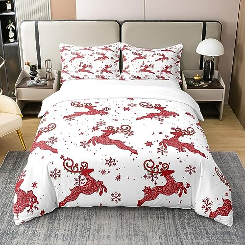 Weihnachten Bettwäsche Set 220x240,Frohe Weihnachten 100% Baumwolle Bettbezug für Kinder,Cartoon Hirsch Geweih Tröster Abdeckung,Weihnachten Urlaub Bett Sets mit 2 Kissenbezüge für Neujahrs Geschenk