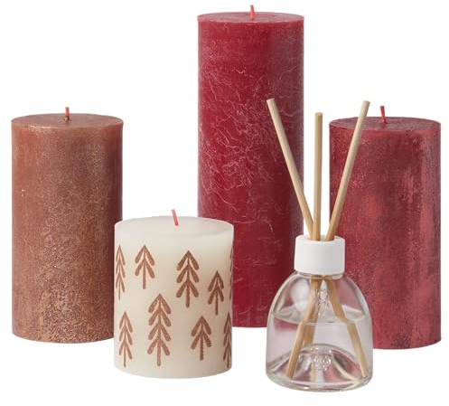 Bolsius Rustic Pillar Candles - Gift Set of 5 with Fragrance Sticks - Winter Spices - Length Burning Time - Includes Natural Vegan Wax - Without Palm Oil