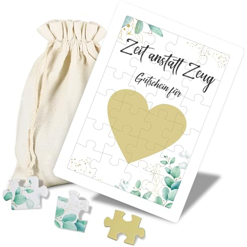 WenmthG - Gutschein Puzzle mit Rahmen Geburtstag - Zeit anstatt Zeug - Gutscheinkarte zum Selbstausfüllen- Geschenk für Freundin, Frauen - Gutscheine zum selber ausfüllen - Baumwollsäckchen