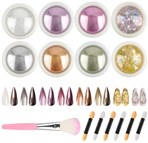 Hengxinc 8 Colors Chrome Nail Powder, Shiny Glassy Pearl Effect, Nail Powder for Nail Design, Nail Glitter Powder with Glassy Pearl Effect, Cromepowder Nail Set with Eyeshadow Pencils