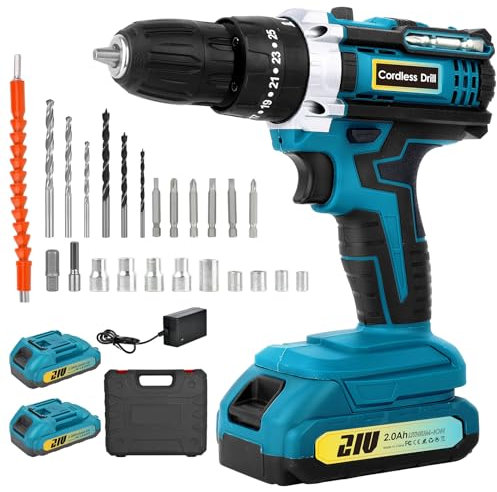 Akku Bohrschrauber Akkuschrauber 21v Bohrmaschine Set - Professional Akku Schlagbohrschrauber - Akku Bohrschrauber mit 2 Akkus 2000mAh plus Ladegerät 45Nm 24pcs Bohrer 2-Gang LED-Licht im Koffer