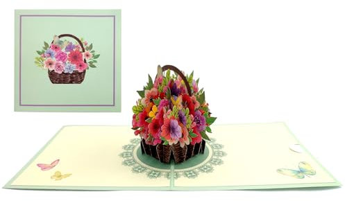 scicent GrußKarten Pop-Up Karte Blumen Bunter Blumenkorb 3D Blumenkarte für Freundin Frau & Mutter (Geburtstagskarte, Ich denk an dich) Glückwunschkarte mit Blumenstrauß - 20708
